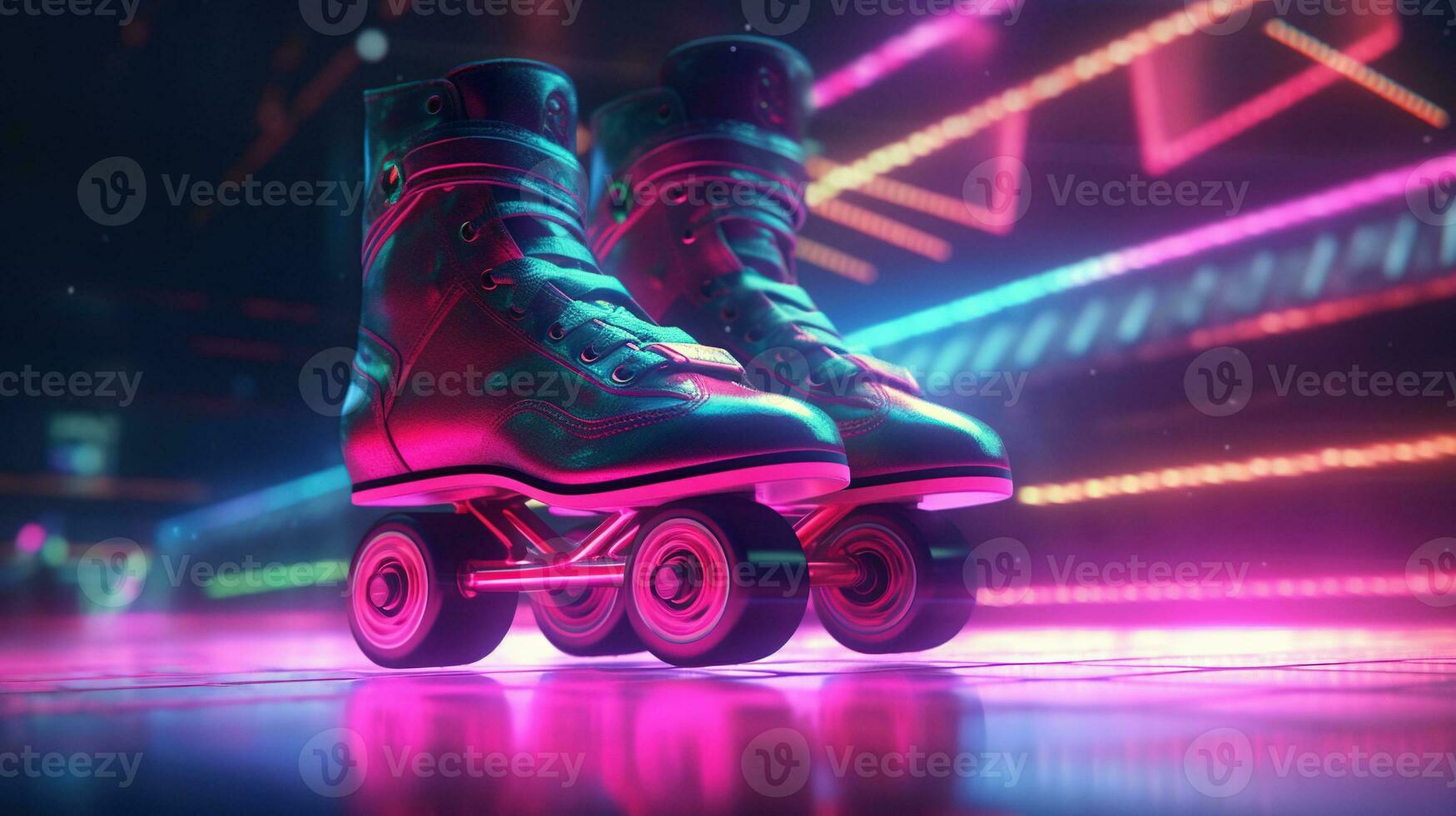 Generative AI, Roller skate in cyberpunk style, disco nostalgic 80s, 90s. Neon night lights vibrant colors, photorealistic horizontal illustration of the futuristic city. Sport activity concept. photo