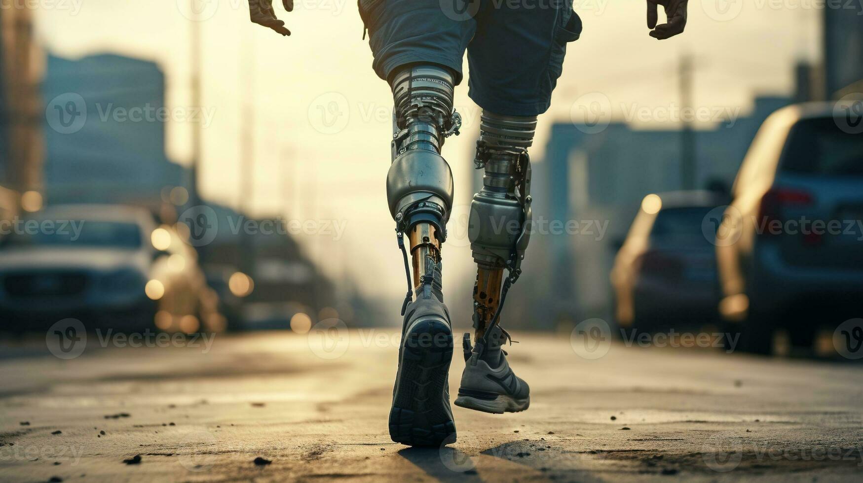 Generative AI, person with disability, prosthetic limb running and does not feel obstacles, photo