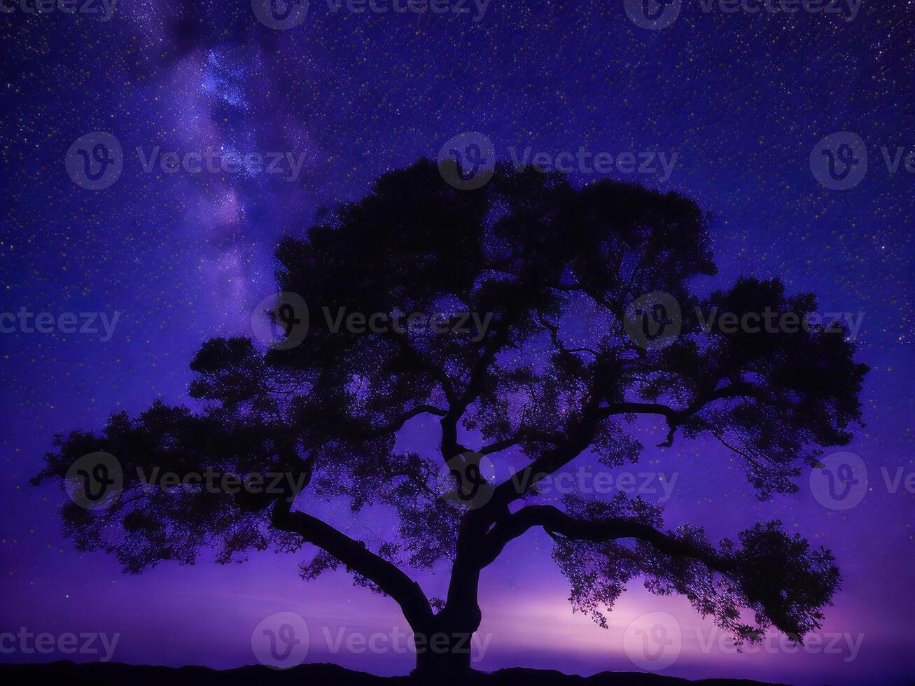 a majestic tree silhouetted against a backdrop of the vast night sky filled with stars ai generated photo