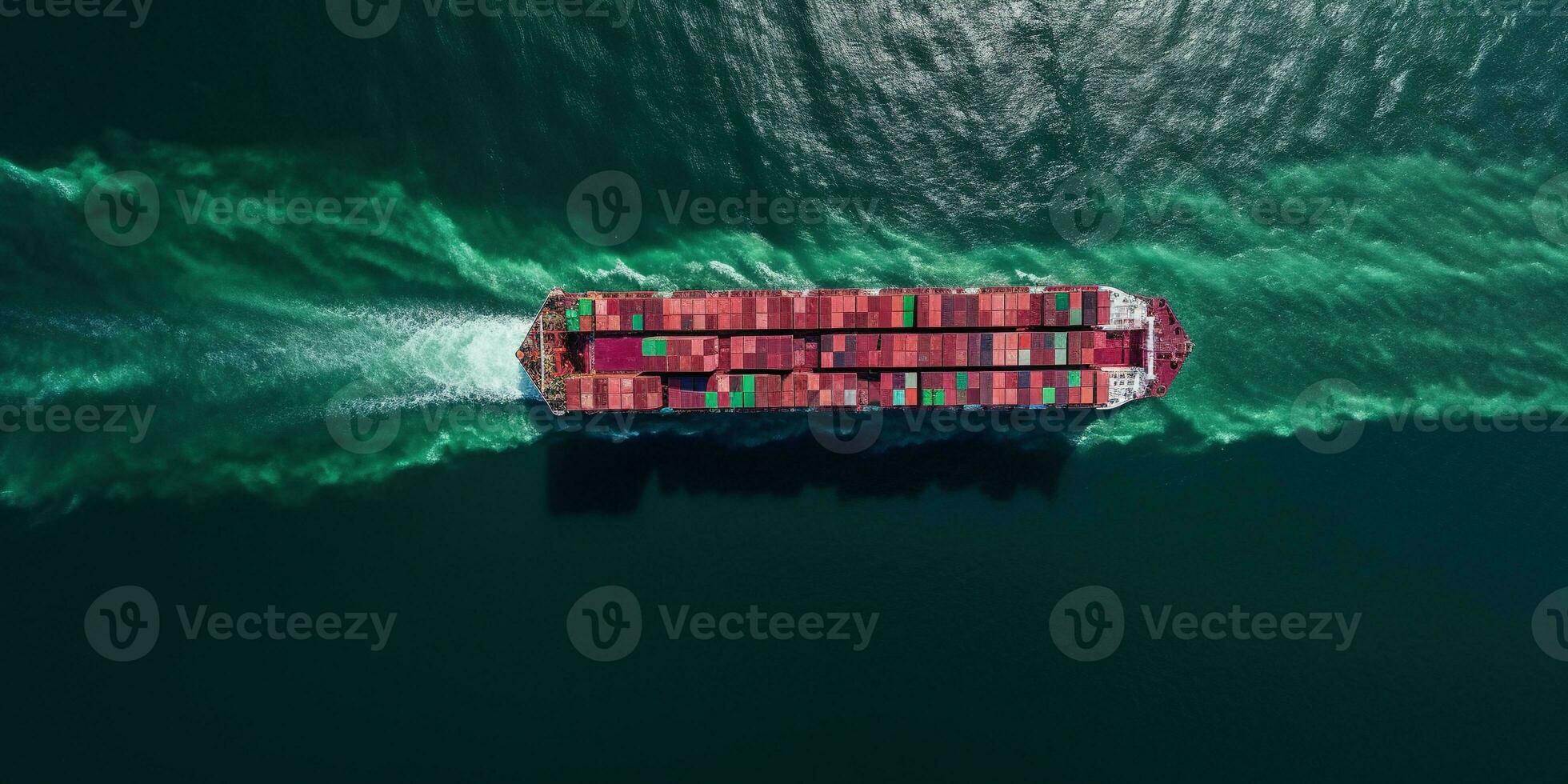 Generative AI, container ship in import export and business logistic. Aerial view, water transport, cargo shipping in open sea. photo