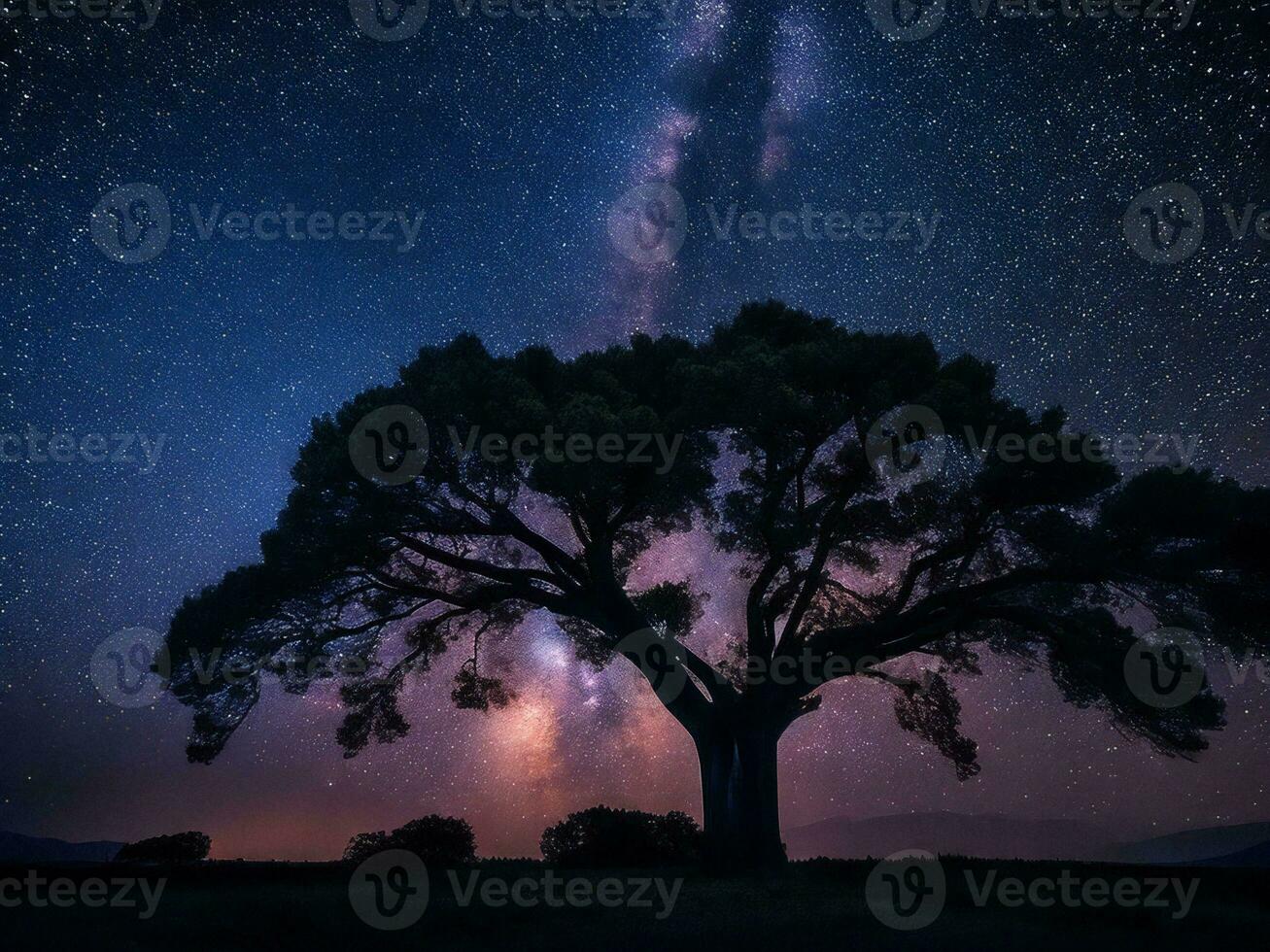 un majestuoso árbol silueta en contra un fondo de el vasto noche cielo lleno con estrellas ai generado foto