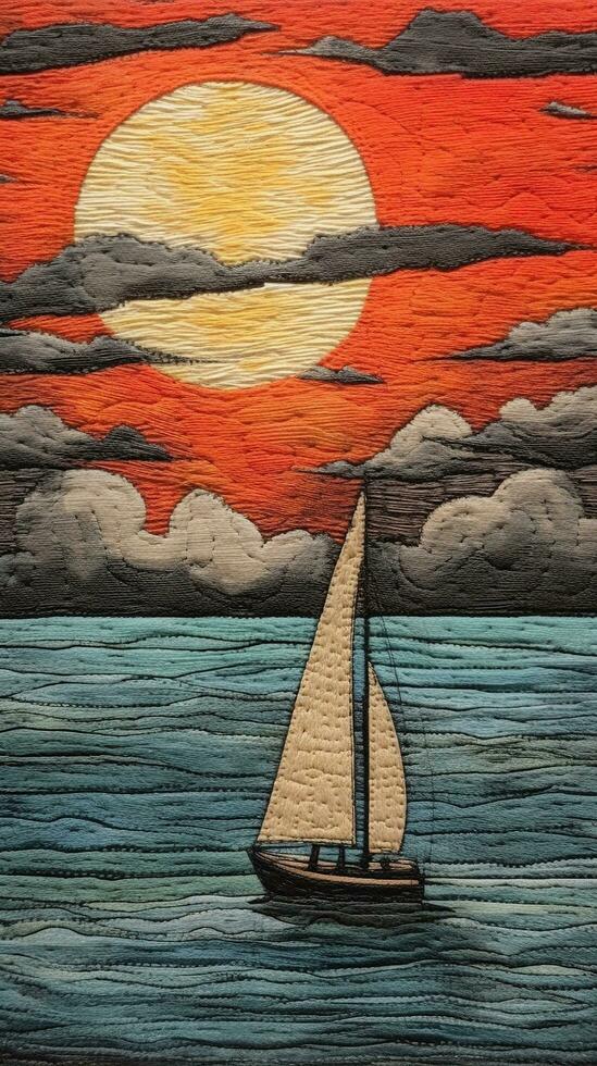 Generative AI, Painted art sailboat, Harbor on the sunset. Cumulus Clouds, inspired by Bernard Buffet. Hand drawn ship photo