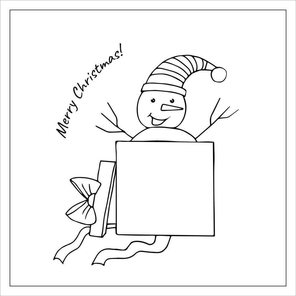 Snowman in a gift box doodle. Christmas present. Hand drawn vector illustration.