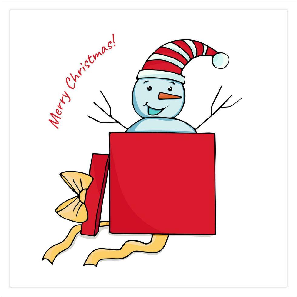 Snowman in a gift box colored doodle. Christmas present. Hand drawn vector illustration.