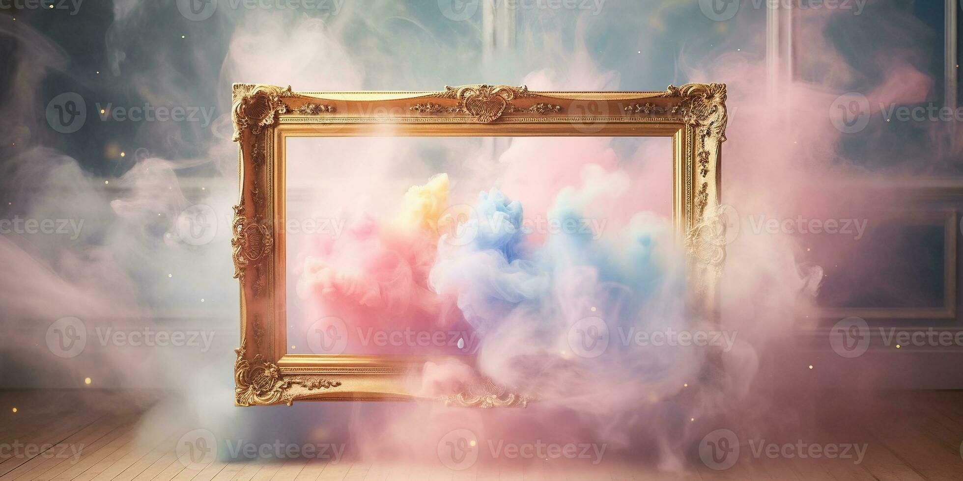 Generative AI, pastel light smoke around empty vintage beautiful frame. photo