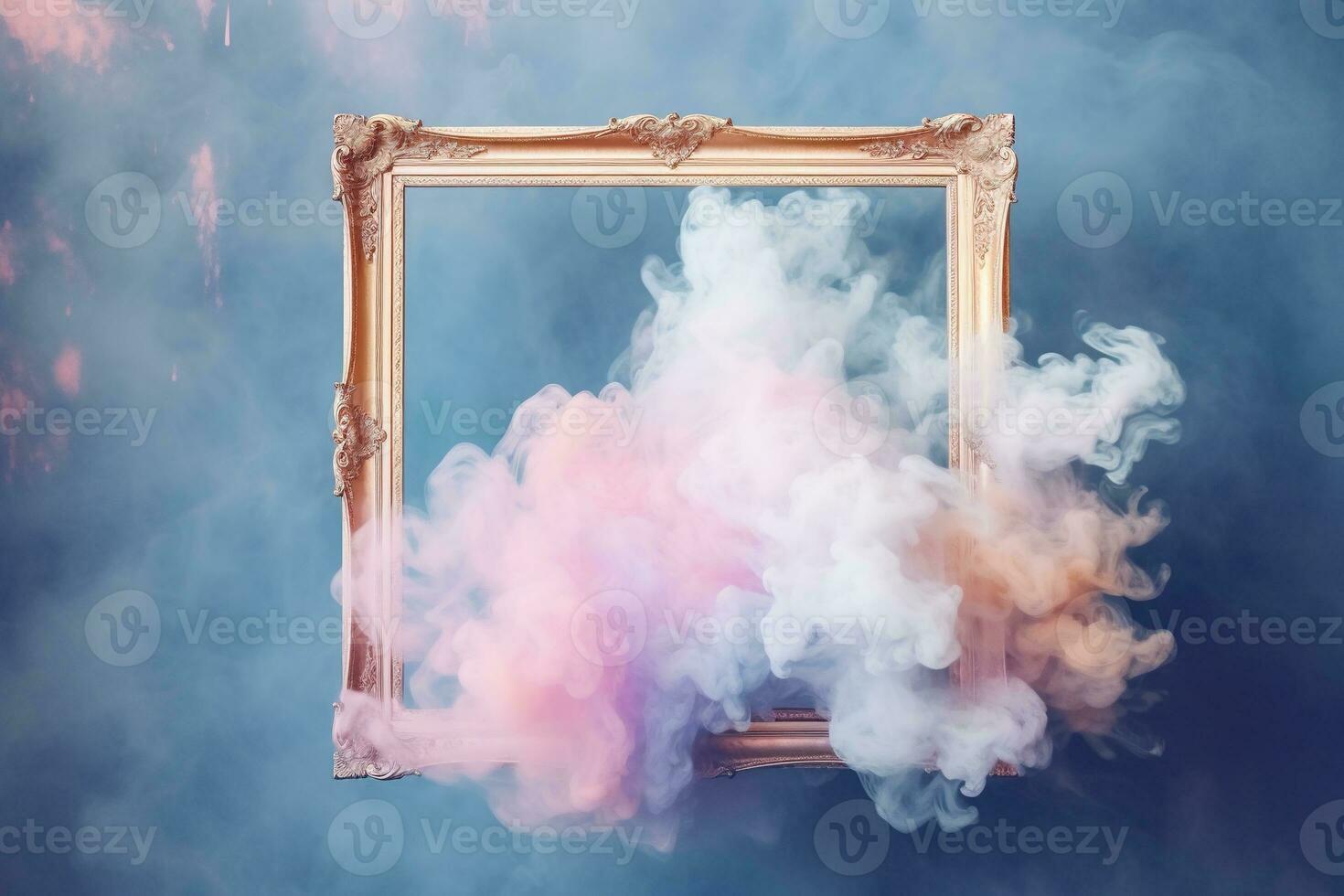 Generative AI, pastel light smoke around empty vintage beautiful frame. photo