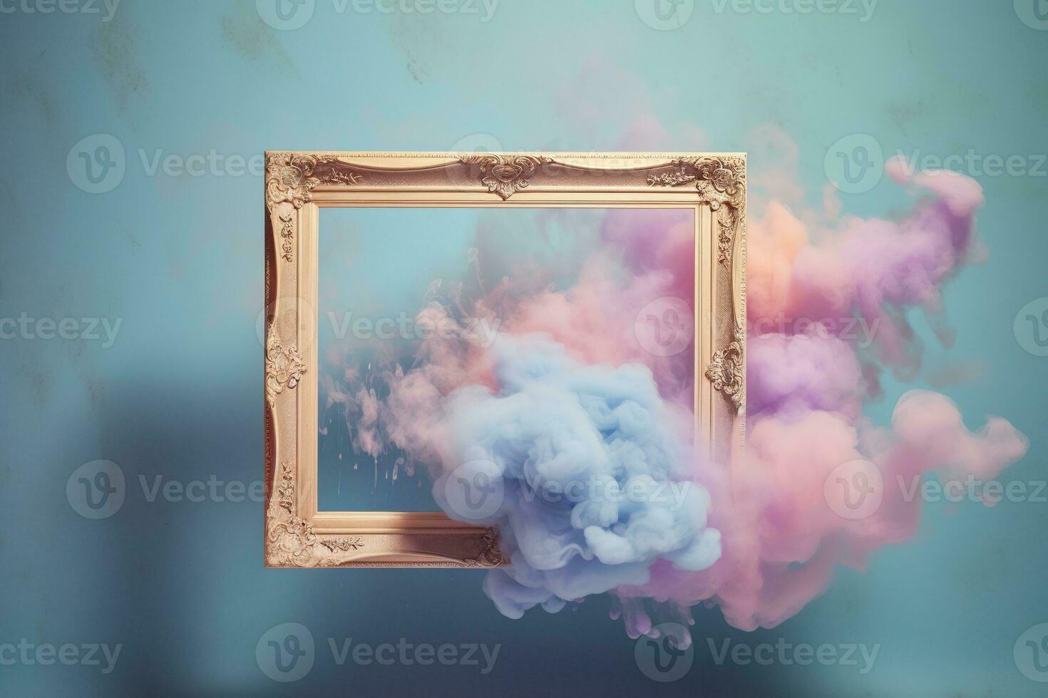 Generative AI, pastel light smoke around empty vintage beautiful frame. photo