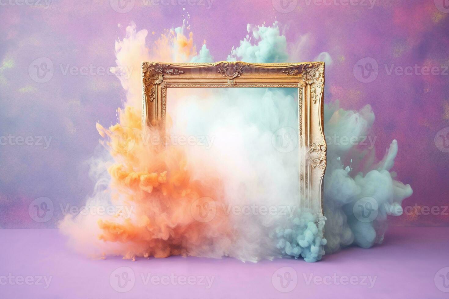Generative AI, pastel light smoke around empty vintage beautiful frame. photo
