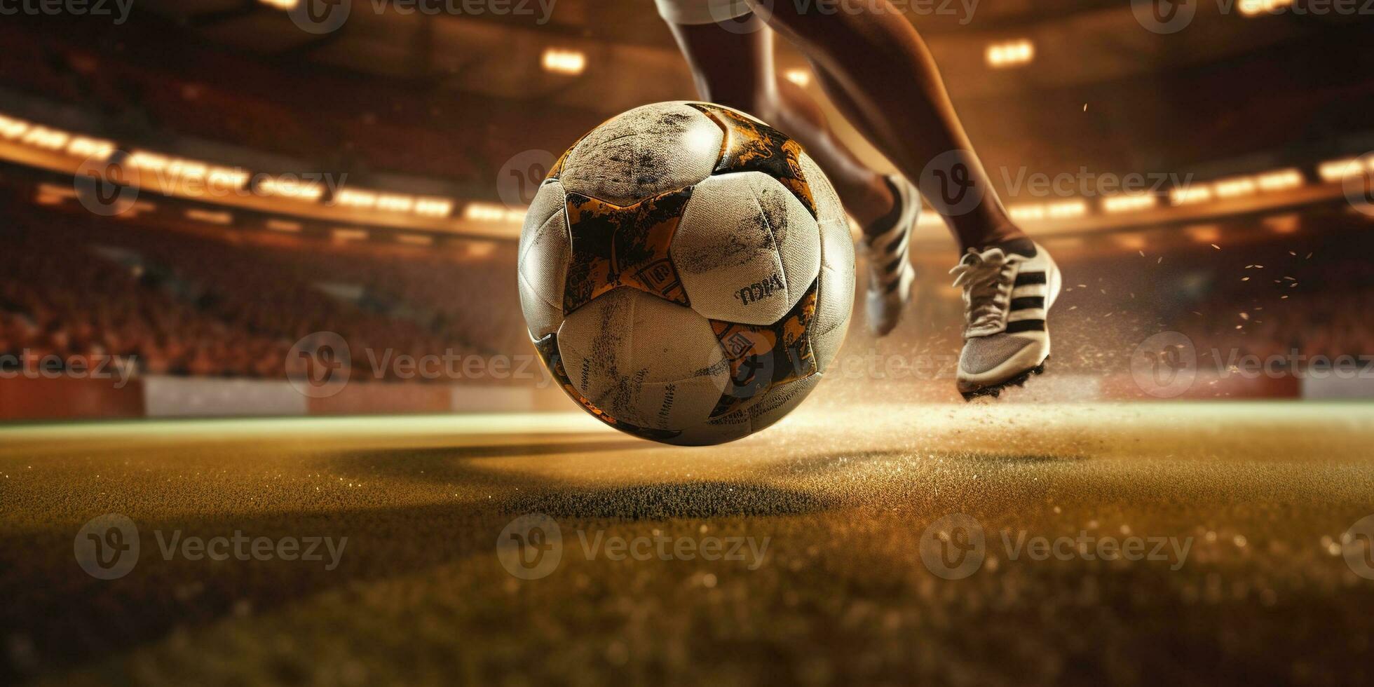 Generative AI, football boot kicking a soccer ball, goal moment on the stadium photo