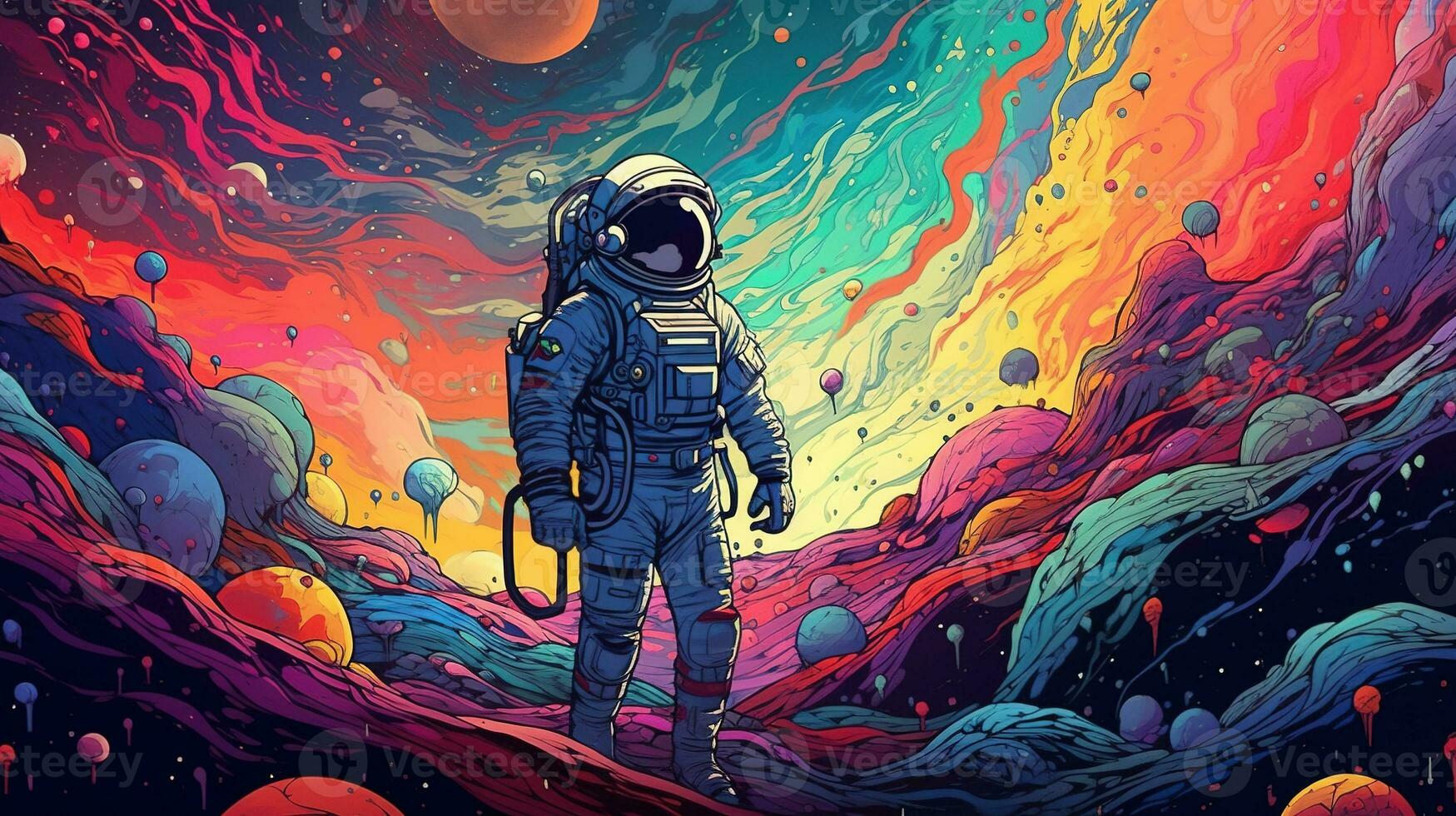 Generative AI, Psychedelic Space banner template, nostalgic 80s, 90s background. Horizontal illustration of the future landscape with mountains, planets, trees, moon. Surrealist escapism concept. photo