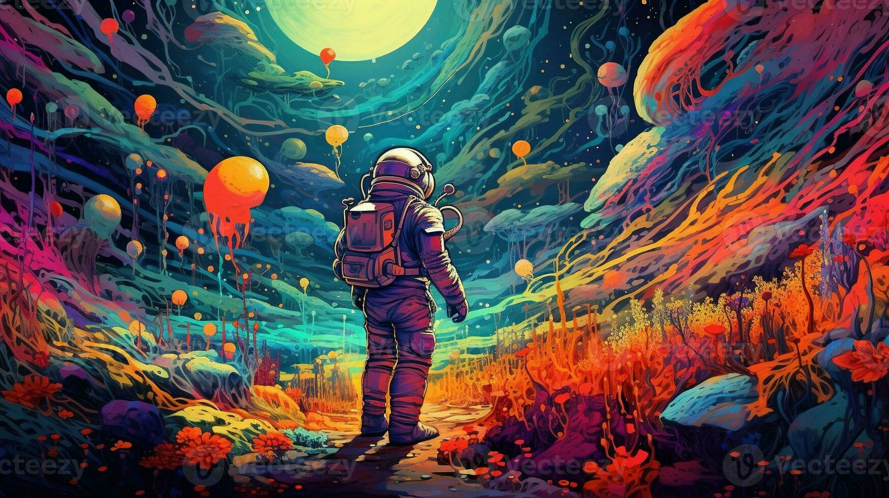 Generative AI, Psychedelic Space banner template, nostalgic 80s, 90s background. Horizontal illustration of the future landscape with mountains, planets, trees, moon. Surrealist escapism concept. photo