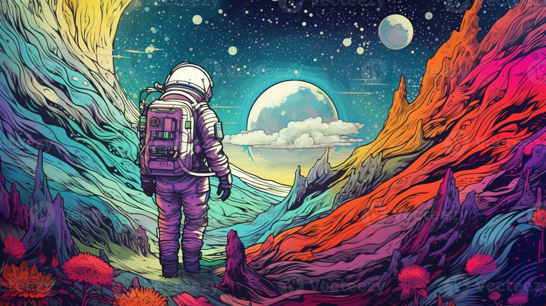 Generative AI, Psychedelic Space banner template, nostalgic 80s, 90s background. Horizontal illustration of the future landscape with mountains, planets, trees, moon. Surrealist escapism concept. photo