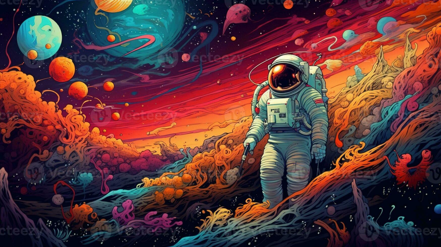 Generative AI, Psychedelic Space banner template, nostalgic 80s, 90s background. Horizontal illustration of the future landscape with mountains, planets, trees, moon. Surrealist escapism concept. photo