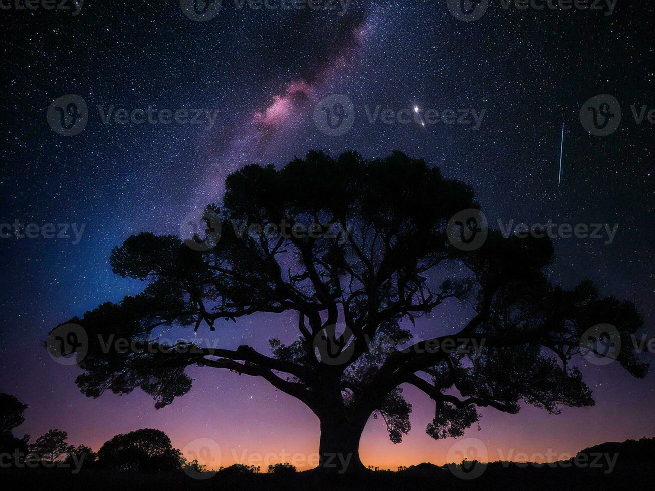 a majestic tree silhouetted against a backdrop of the vast night sky filled with stars ai generated photo