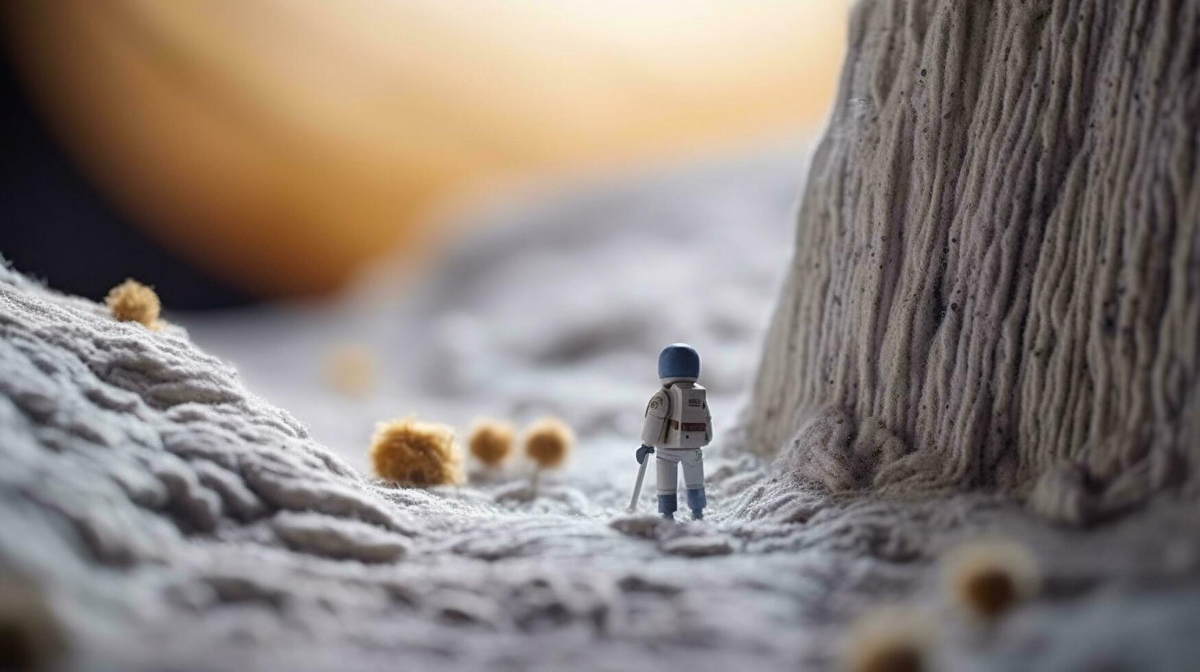 Generative AI, Space adventure illustration made of wool. Cosmic planet craft landscape with astronaut. photo