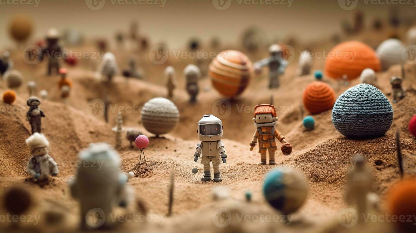 Generative AI, Space adventure illustration made of wool. Cosmic planet craft landscape with astronaut. photo