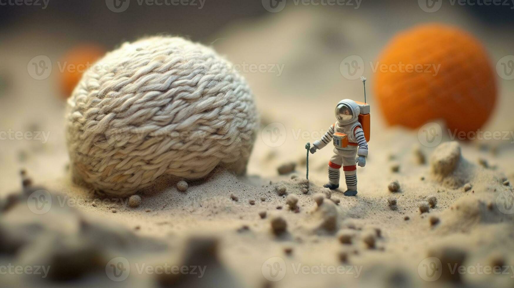 generativo ai, espacio aventuras ilustración hecho de lana. cósmico planeta arte paisaje con astronauta. foto