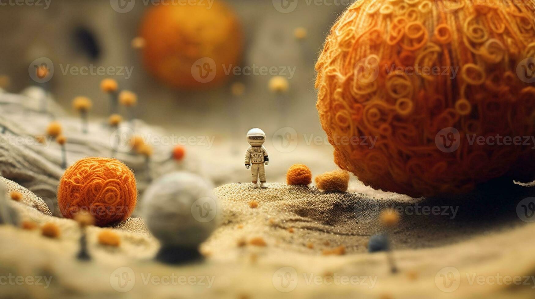 Generative AI, Space adventure illustration made of wool. Cosmic planet craft landscape with astronaut. photo