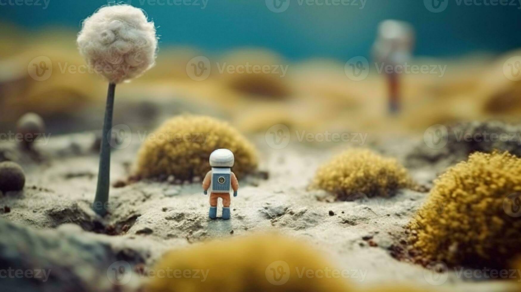 Generative AI, Space adventure illustration made of wool. Cosmic planet craft landscape with astronaut. photo