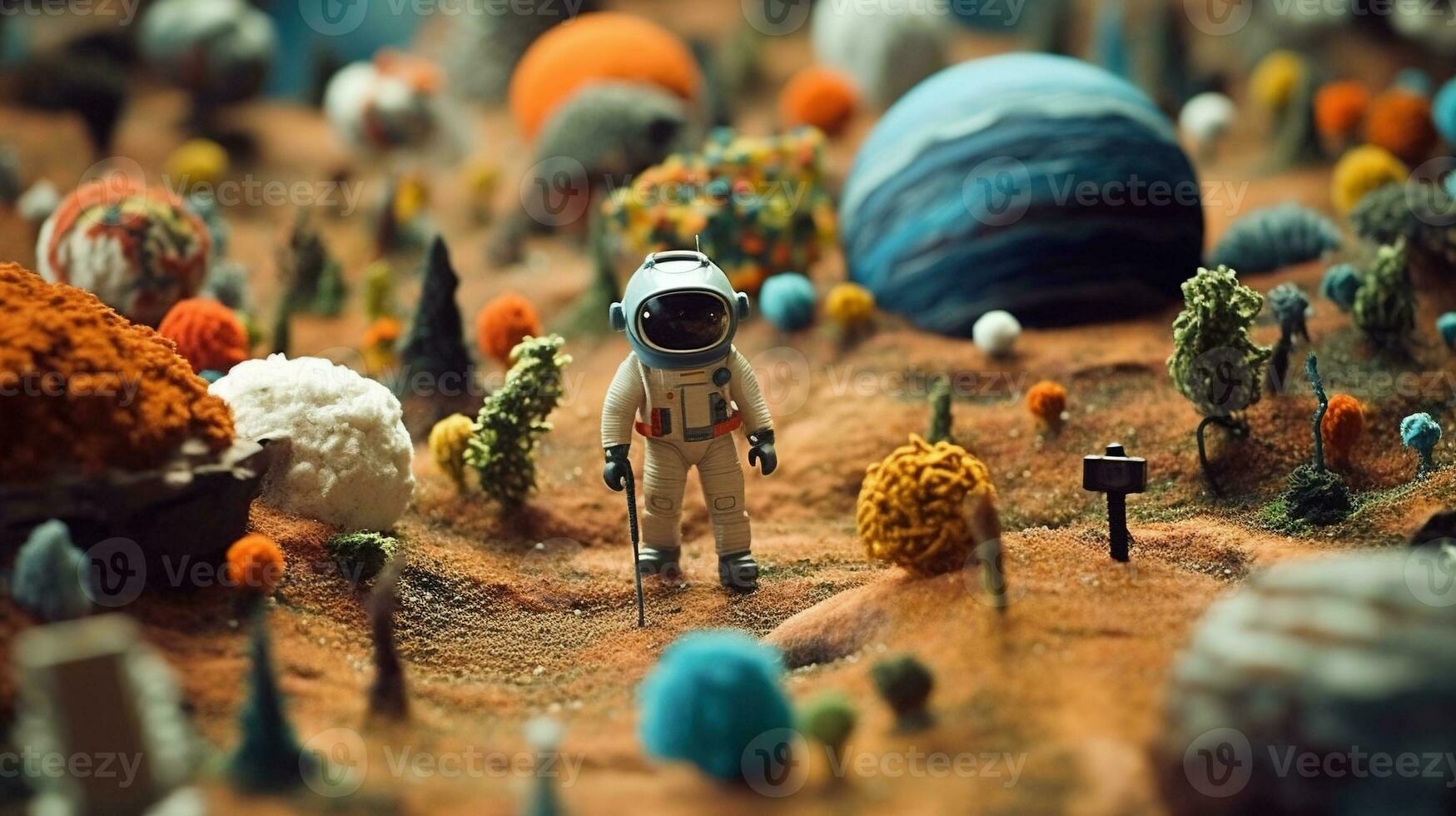Generative AI, Space adventure illustration made of wool. Cosmic planet craft landscape with astronaut. photo