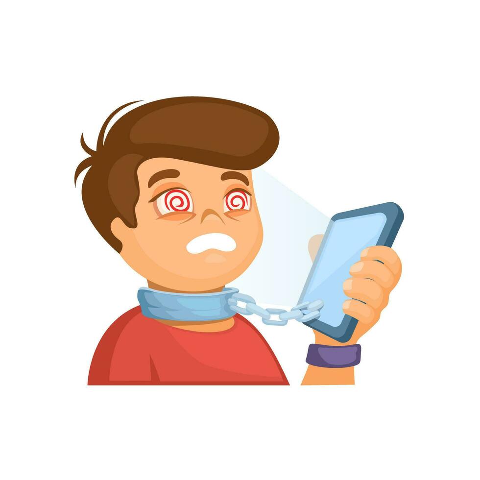 Boy His Neck Tied To A Chain To A Smartphone. Gadget Addiction Problem Metaphor illustration Vector