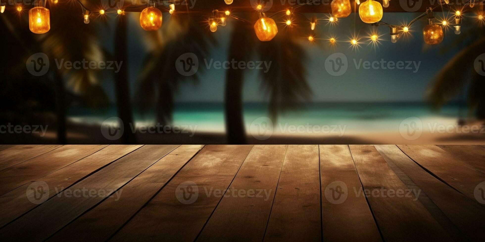 Generative AI, Tropical summer sunset beach bar background. Wooden table top product display showcase empty stage. photo