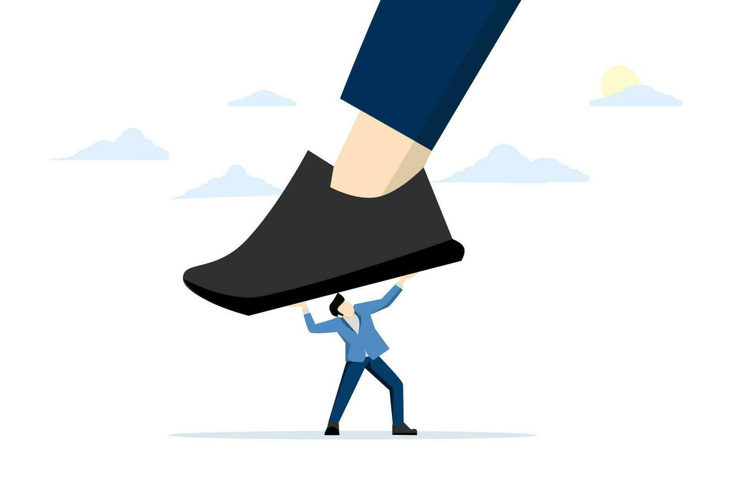 concept of unfair competition, cheating or using authority and power to abuse competitors, violence, employee conflicts or fights, small employees trying to push giant bosses or big competitors legs. vector