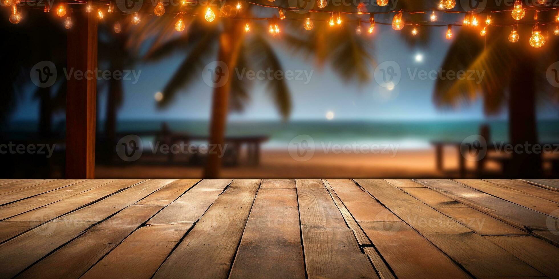Generative AI, Tropical summer sunset beach bar background. Wooden table top product display showcase empty stage. photo