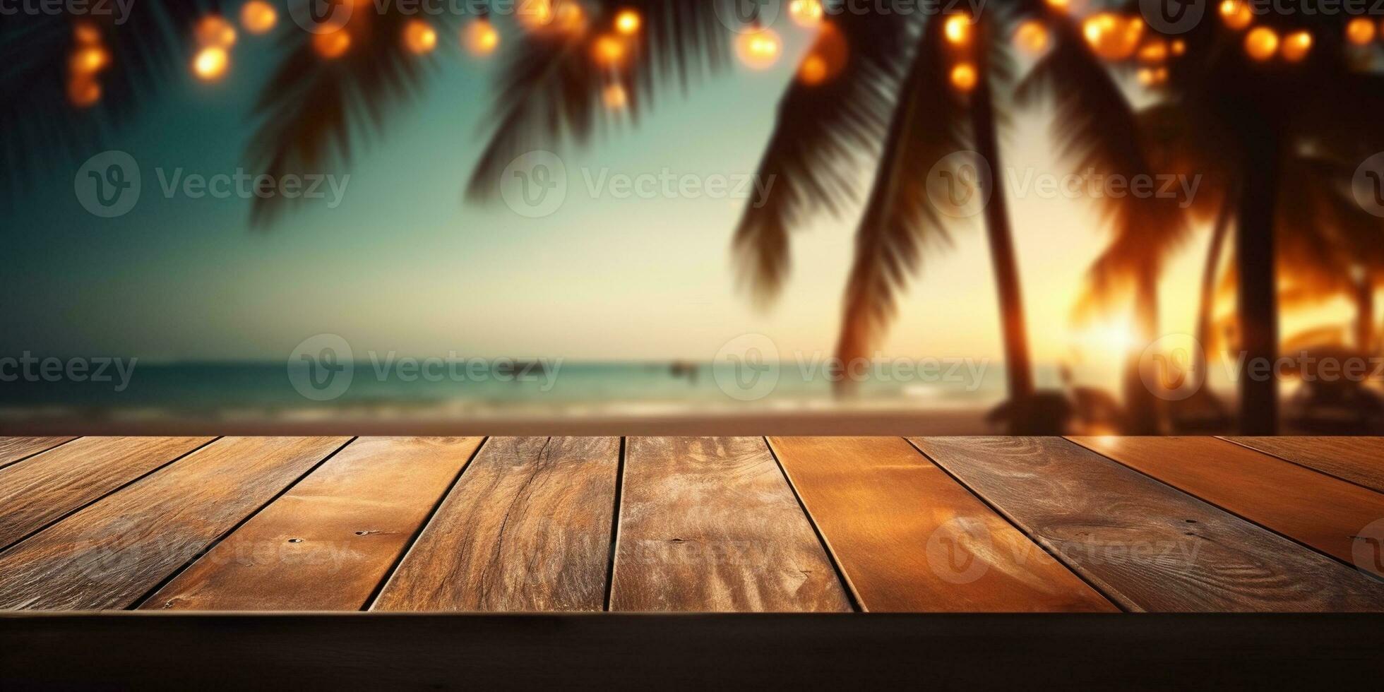 Generative AI, Tropical summer sunset beach bar background. Wooden table top product display showcase empty stage. photo