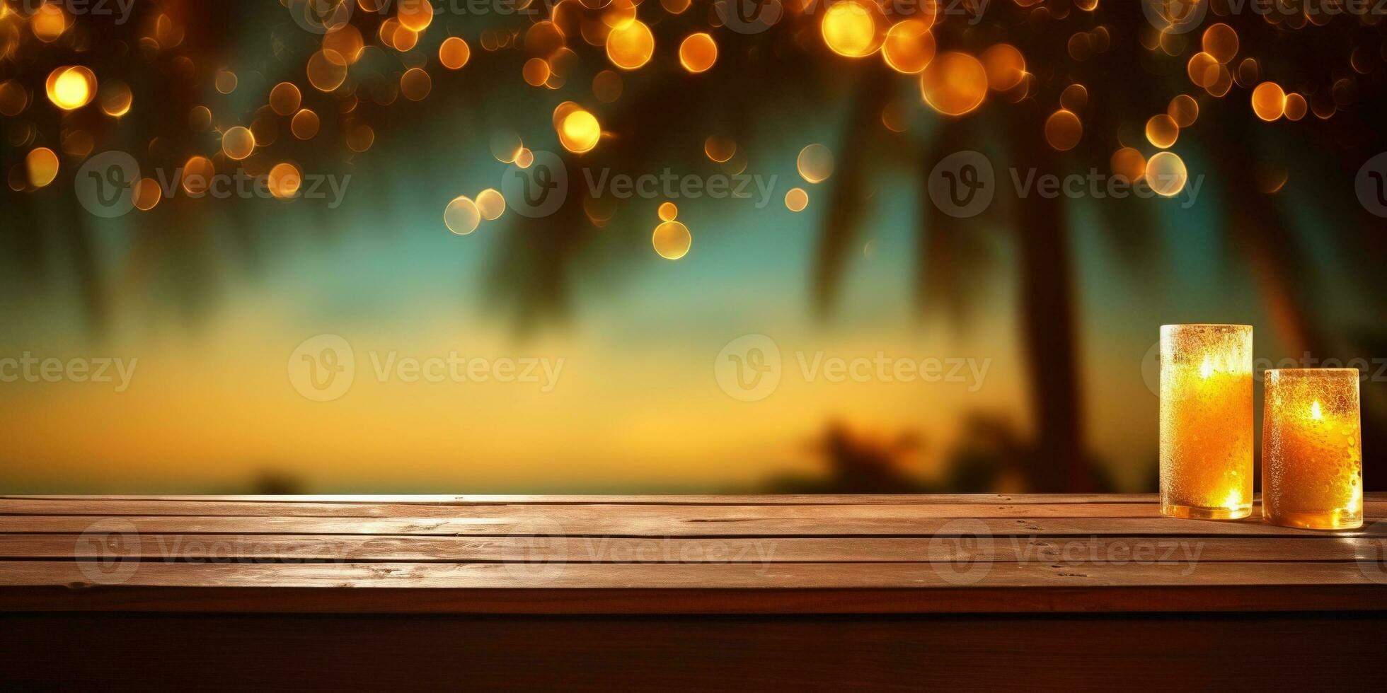 generativo ai, tropical verano puesta de sol playa bar antecedentes. de madera mesa parte superior producto monitor escaparate vacío escenario. foto