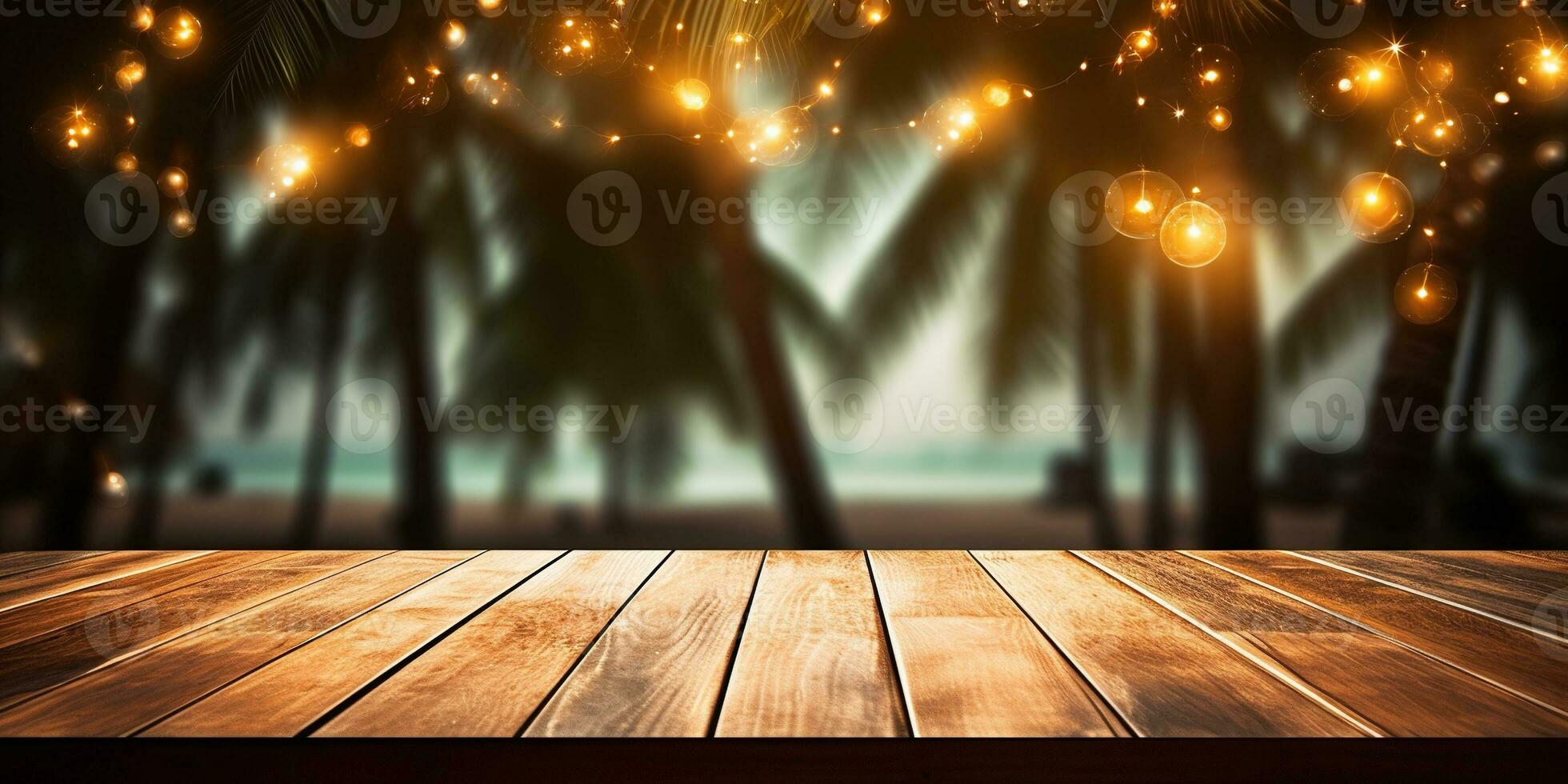 Generative AI, Tropical summer sunset beach bar background. Wooden table top product display showcase empty stage. photo
