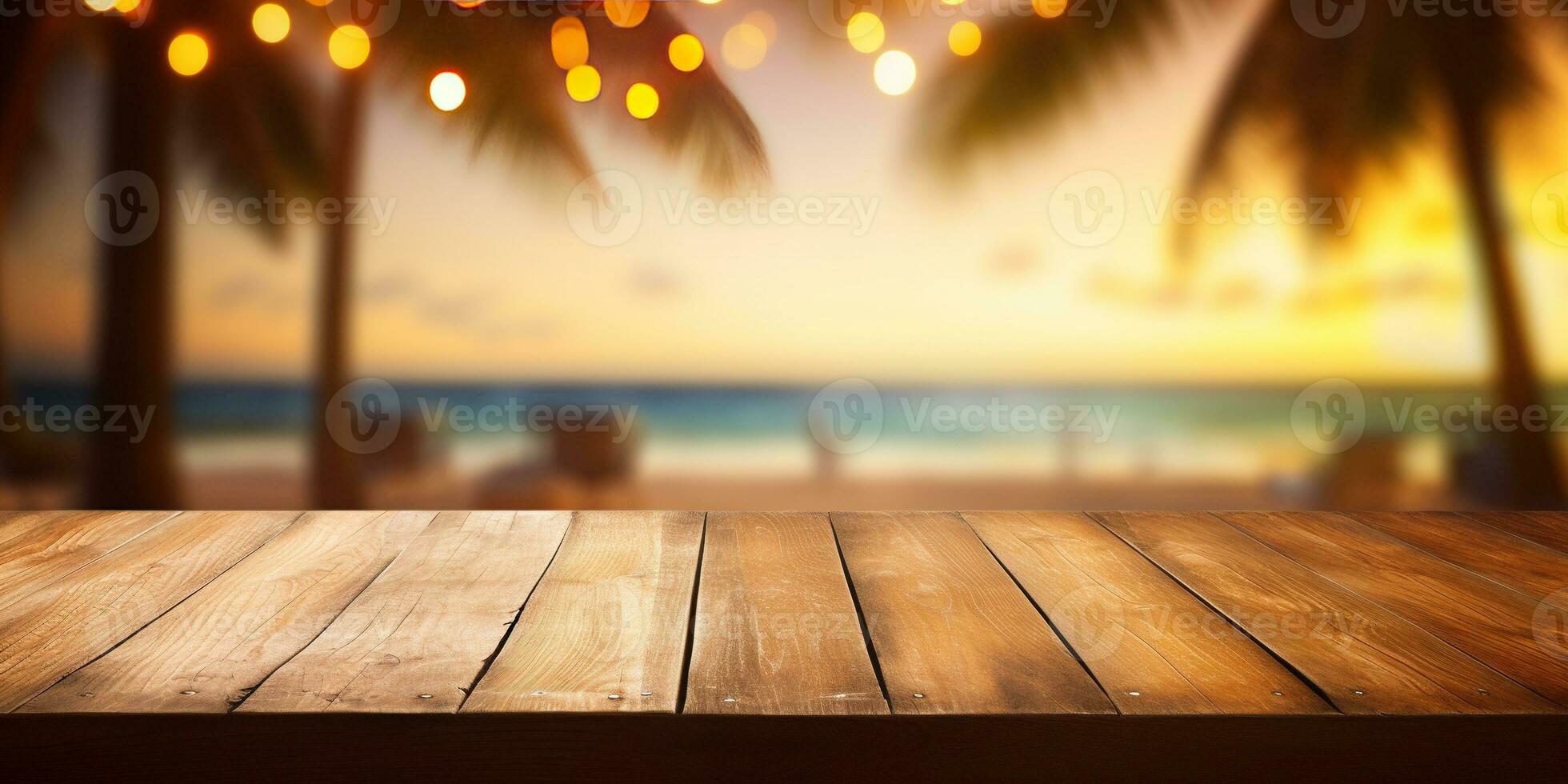 Generative AI, Tropical summer sunset beach bar background. Wooden table top product display showcase empty stage. photo