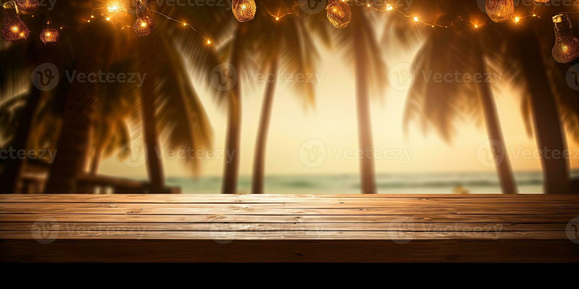 Generative AI, Tropical summer sunset beach bar background. Wooden table top product display showcase empty stage. photo