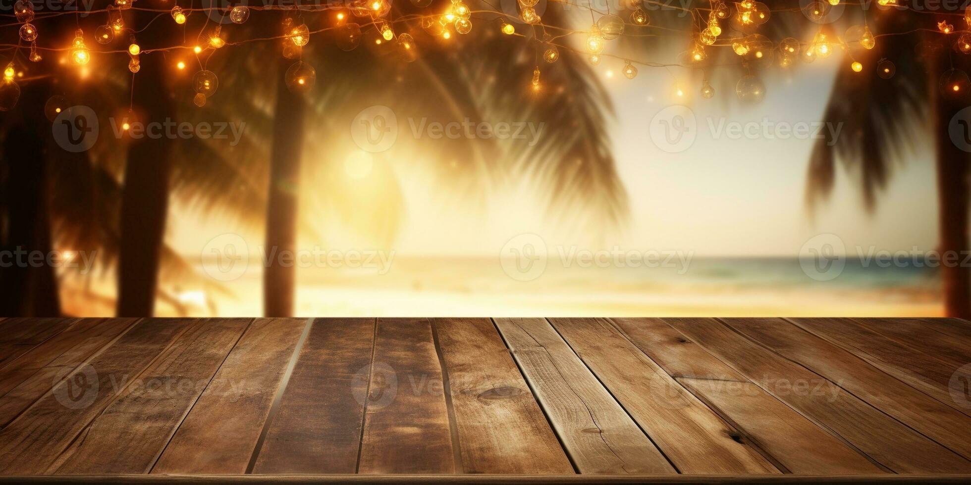 Generative AI, Tropical summer sunset beach bar background. Wooden table top product display showcase empty stage. photo