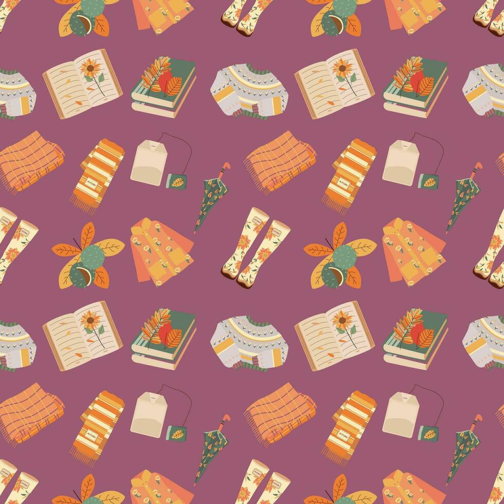 Pattern with umbrella, scarf, boots, raincoat, leaves. Hello autumn. Elements on the autumn theme. vector