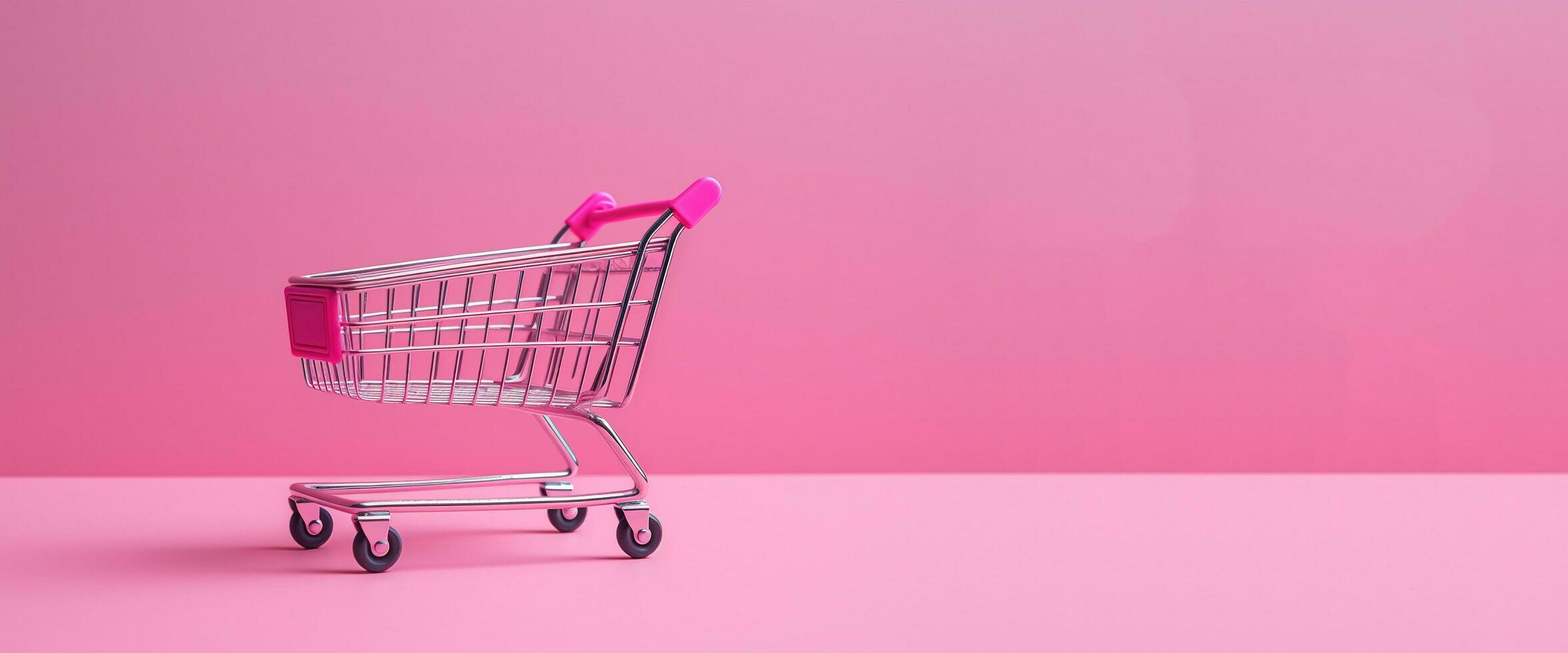 Generative AI, pink shopping cart on pink background, minimalistic shop online, free delivery, discounts and sale concept. photo