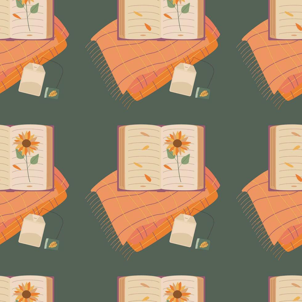 Pattern with book, tea, plaid. Hello autumn. Elements on the autumn theme. vector