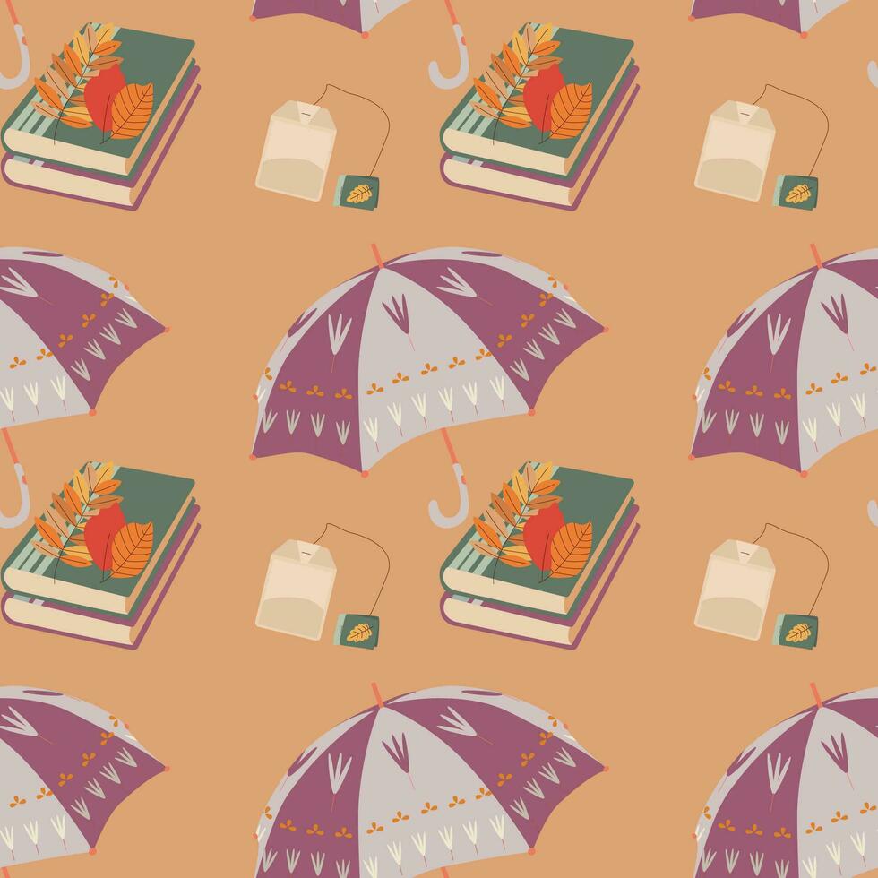 Pattern with umbrella, book, leaves, tea. Hello autumn. Elements on the autumn theme. vector