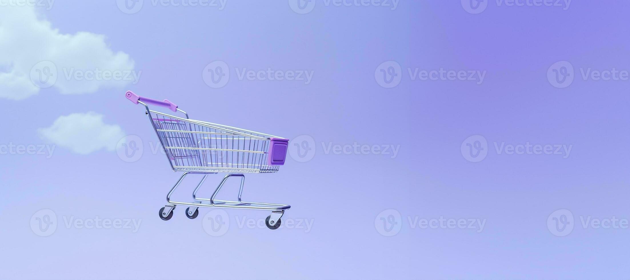 Generative AI, purple shopping cart on purple background, minimalistic shop online, free delivery, discounts and sale concept. photo