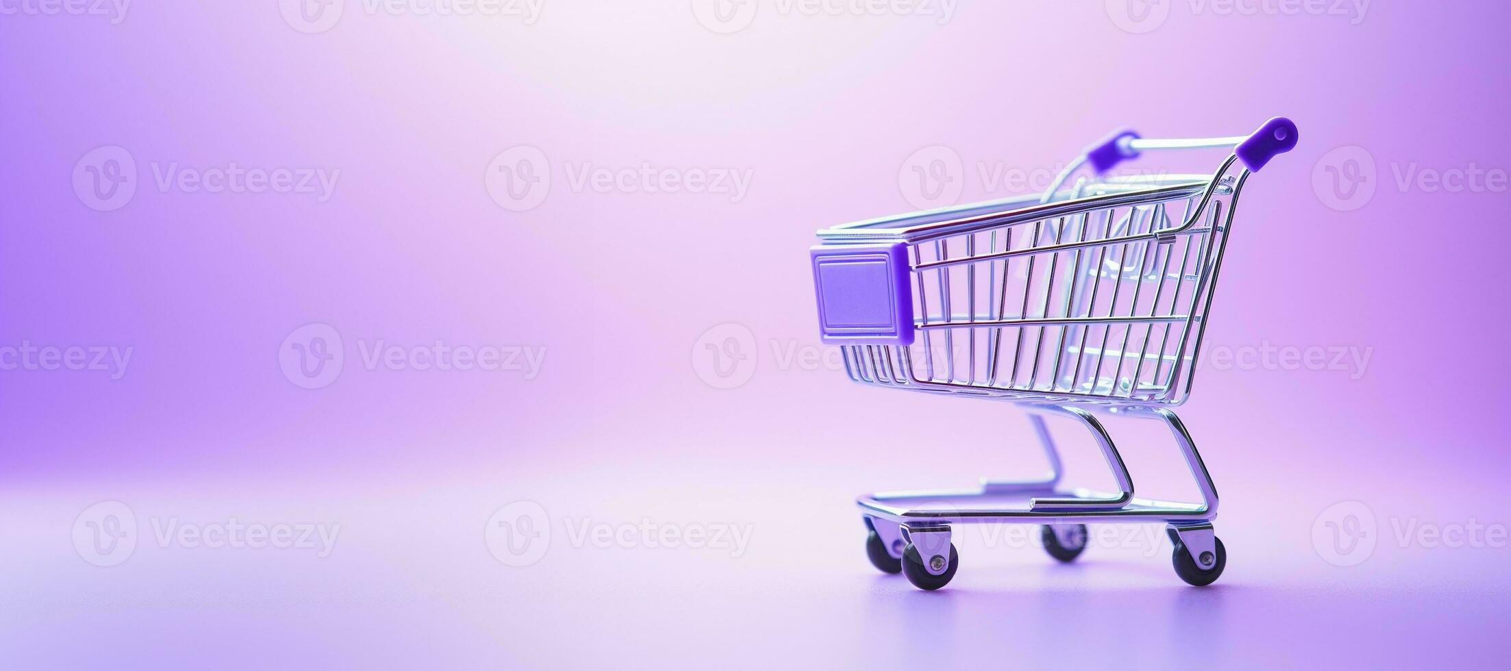 Generative AI, purple shopping cart on purple background, minimalistic shop online, free delivery, discounts and sale concept. photo