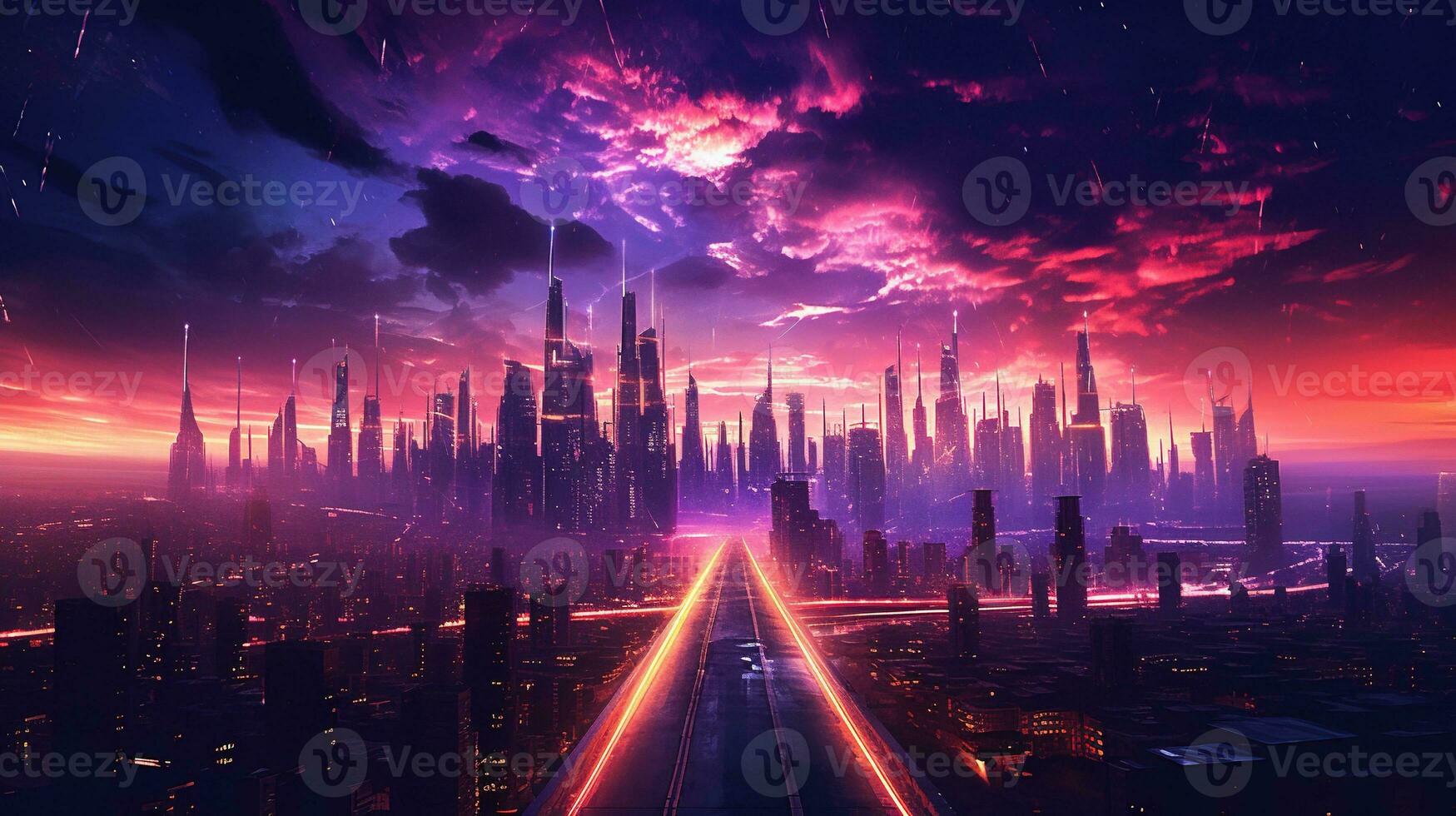 Generative AI, Synthwave style of a futuristic city, cityscape with neon lights and sky, red and purple colors photo