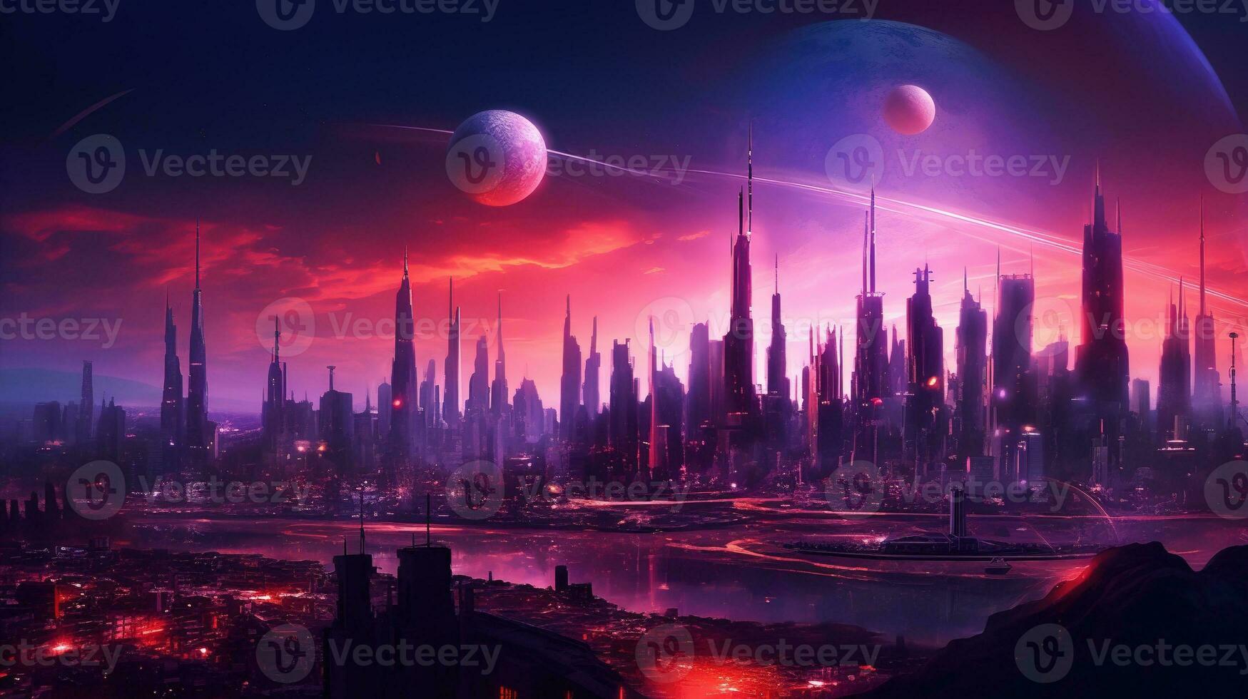 Generative AI, Synthwave style of a futuristic city, cityscape with neon lights and sky, red and purple colors photo