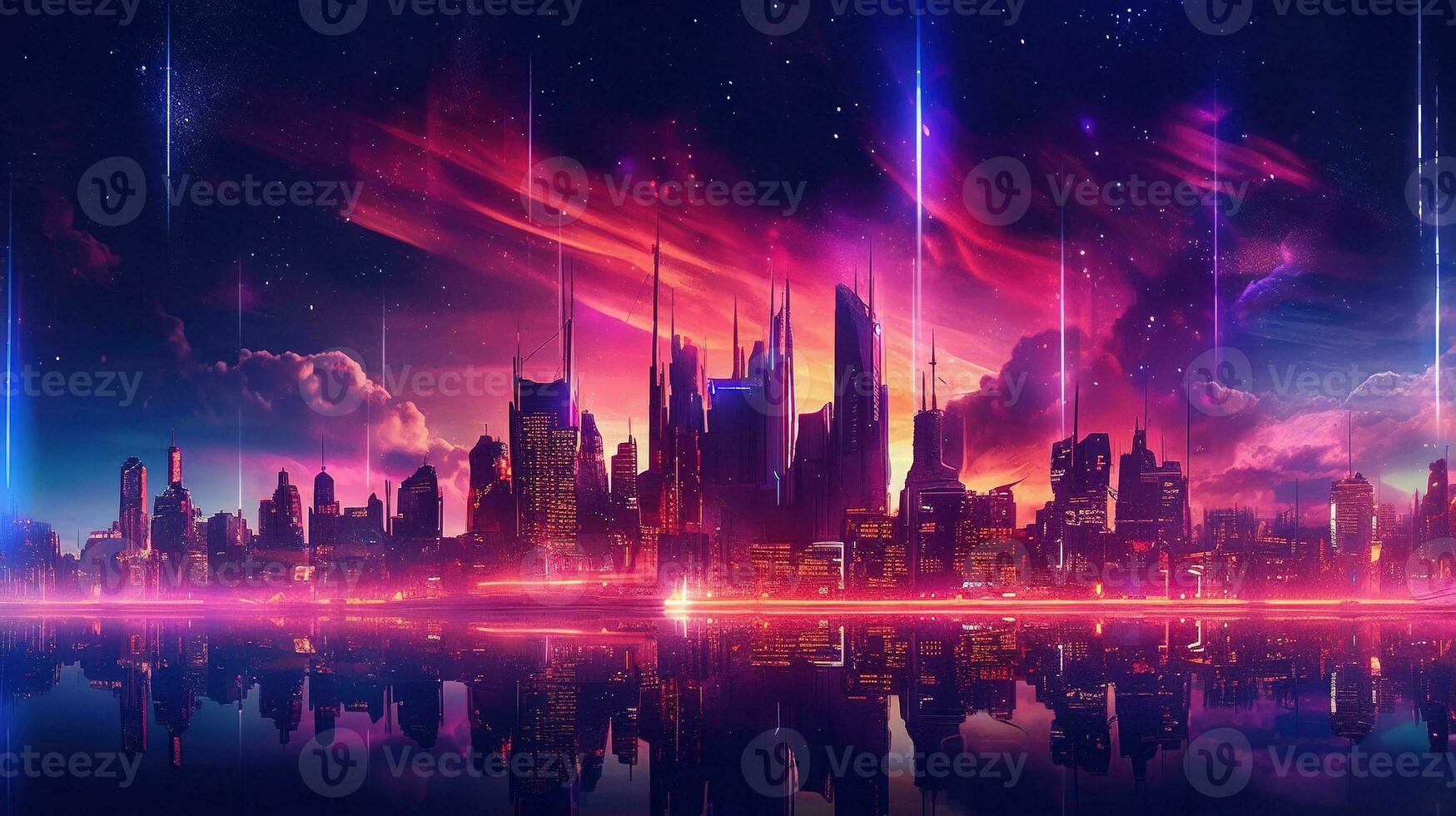 Generative AI, Synthwave style of a futuristic city, cityscape with neon lights and sky, red and purple colors photo