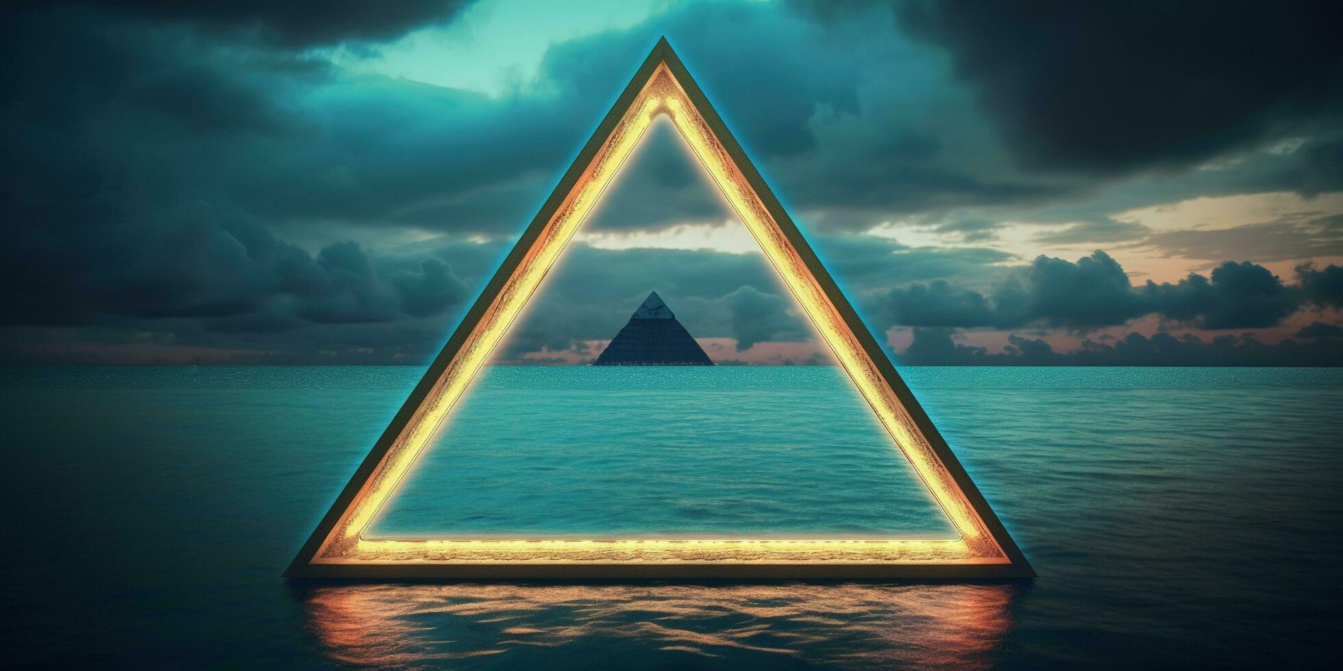 Generative AI, abstract geometric background, clouds, sea and glowing neon triangular frame. Minimal futuristic seascape with reflection in the water. photo