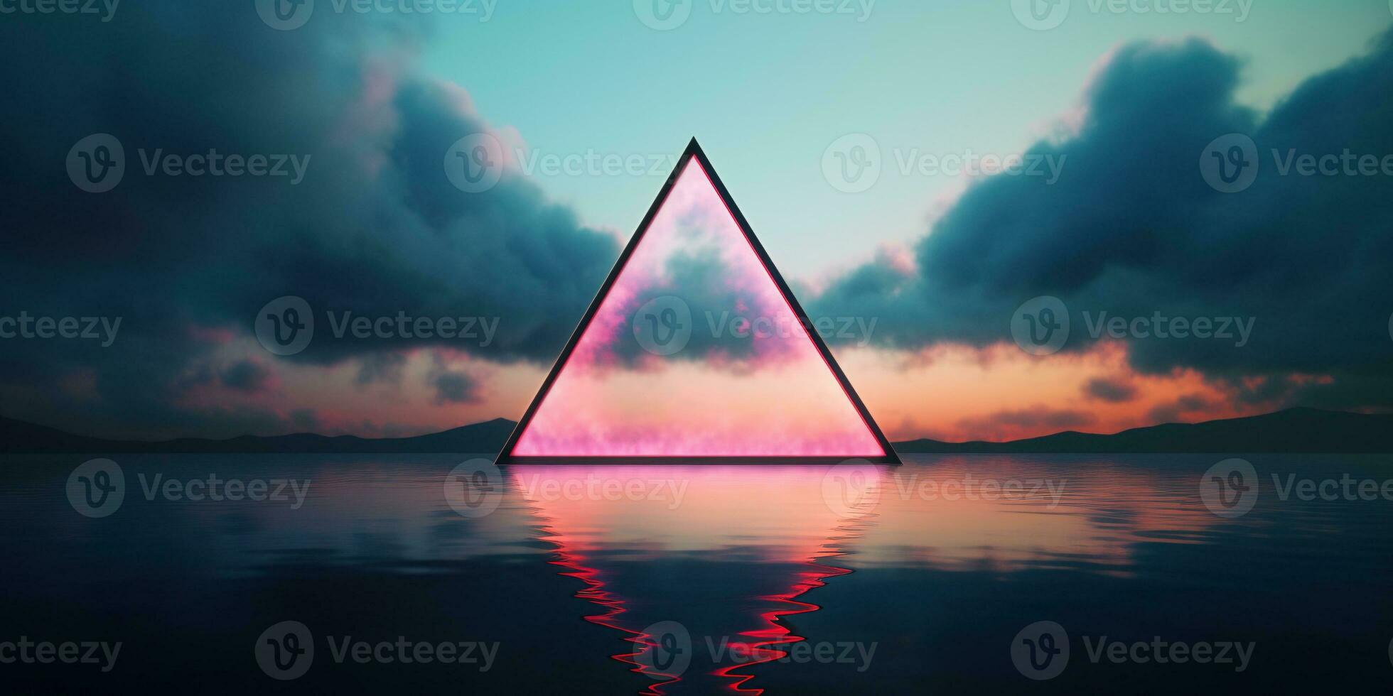Generative AI, abstract geometric background, clouds, sea and glowing neon triangular frame. Minimal futuristic seascape with reflection in the water. photo