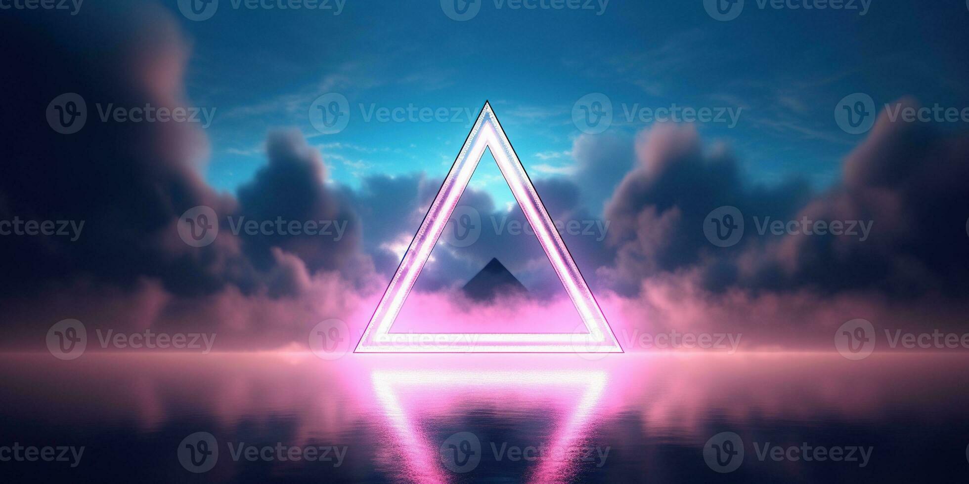 Generative AI, abstract geometric background, clouds, sea and glowing neon triangular frame. Minimal futuristic seascape with reflection in the water. photo