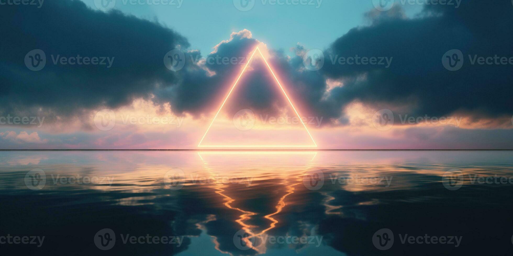 Generative AI, abstract geometric background, clouds, sea and glowing neon triangular frame. Minimal futuristic seascape with reflection in the water. photo