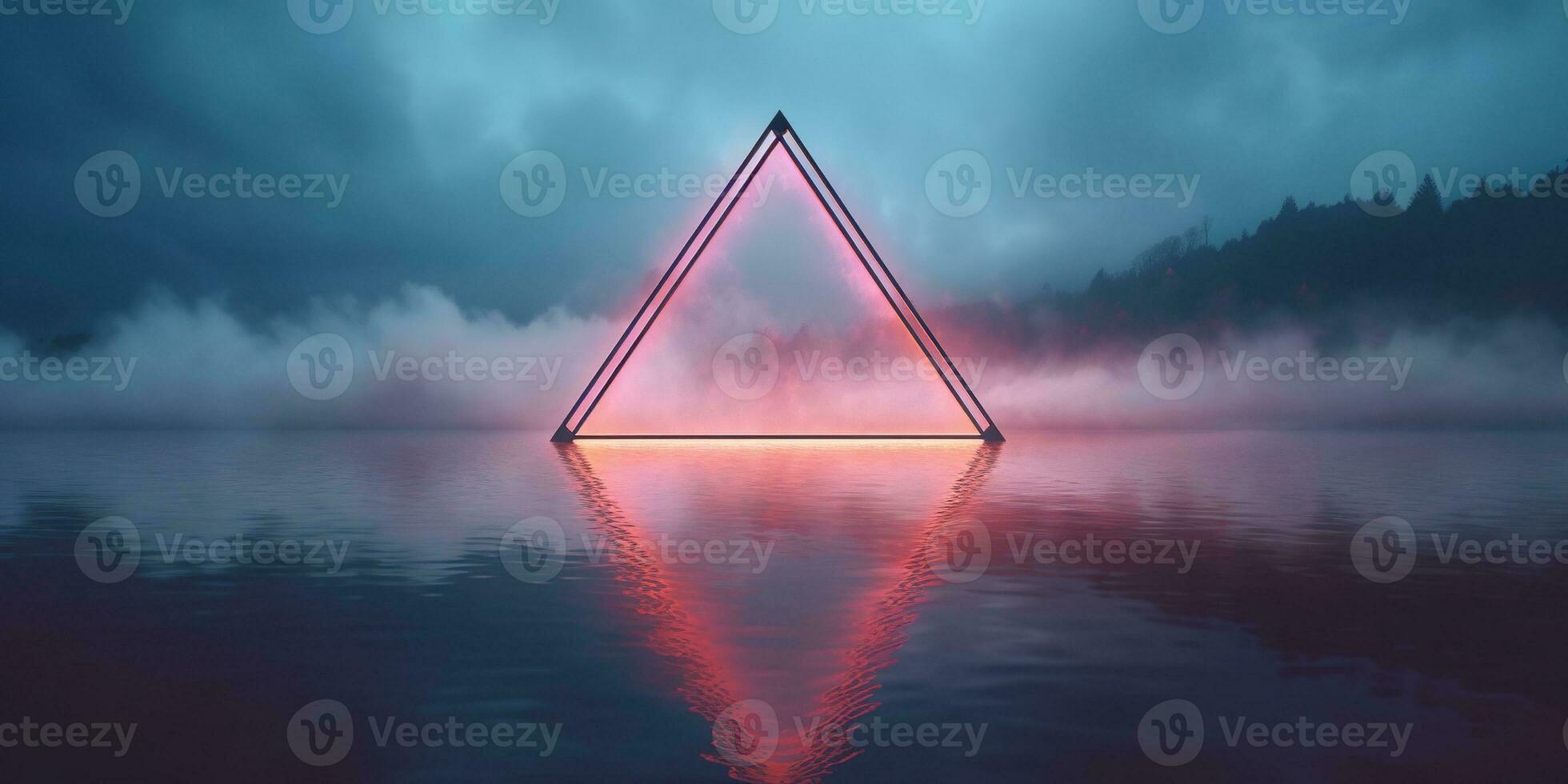 Generative AI, abstract geometric background, clouds, sea and glowing neon triangular frame. Minimal futuristic seascape with reflection in the water. photo