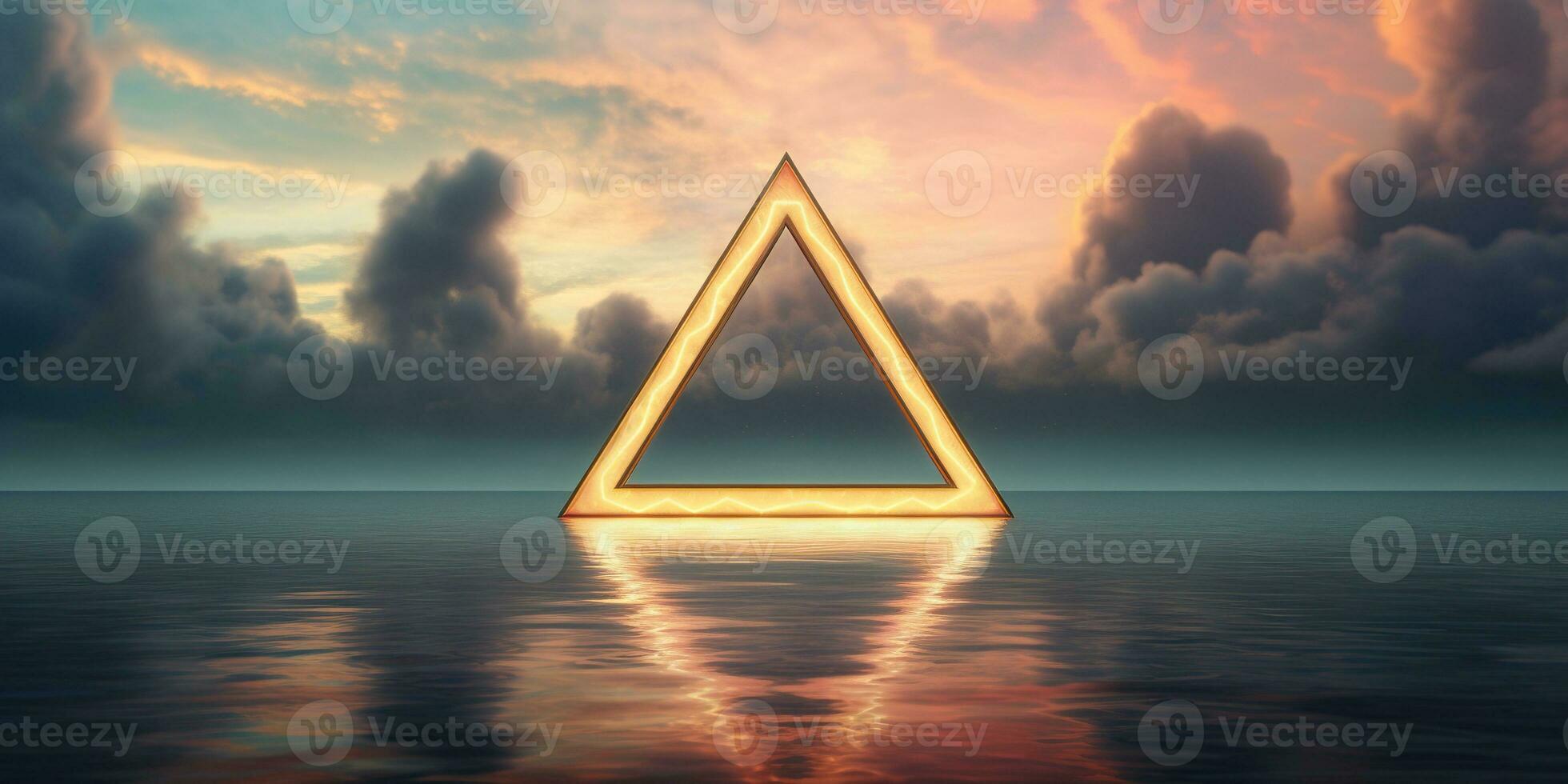 Generative AI, abstract geometric background, clouds, sea and glowing neon triangular frame. Minimal futuristic seascape with reflection in the water. photo