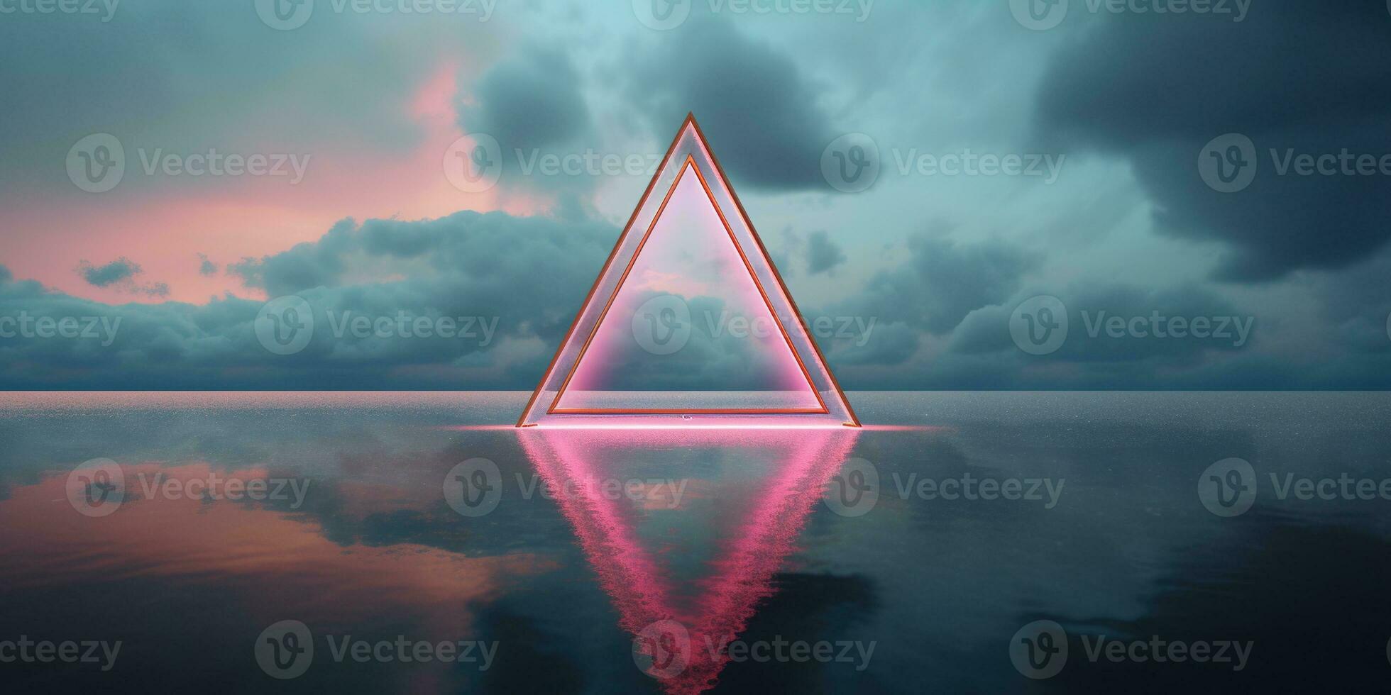 Generative AI, abstract geometric background, clouds, sea and glowing neon triangular frame. Minimal futuristic seascape with reflection in the water. photo